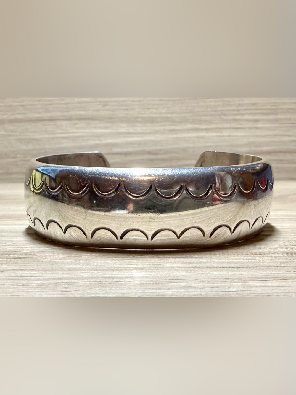 Vintage Handmade Navajo Signed NS Sterling Silver Stamped Cuff Bracelet, 22.54g
